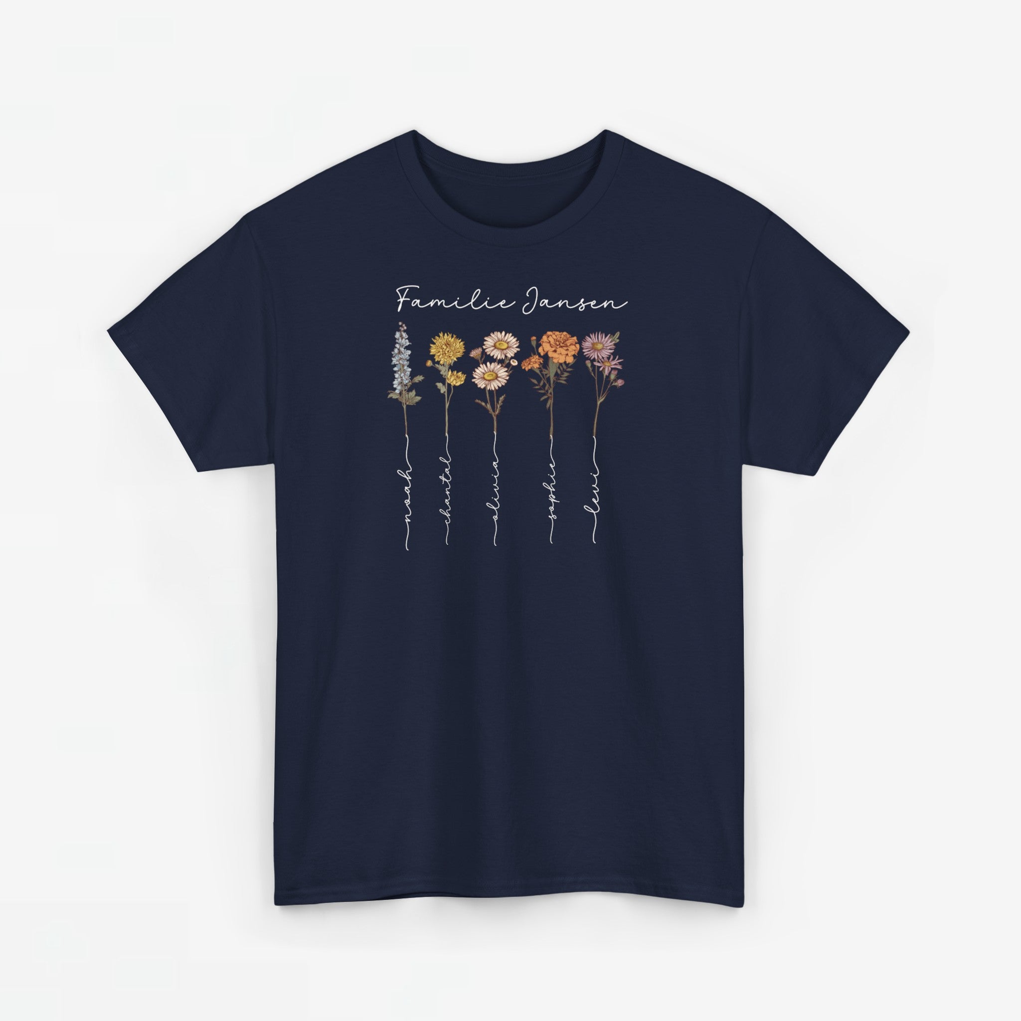 Gepersonaliseerde Moederdag Mama Cadeau - T-shirt - Familienaam met namen en geboortemaand bloemen