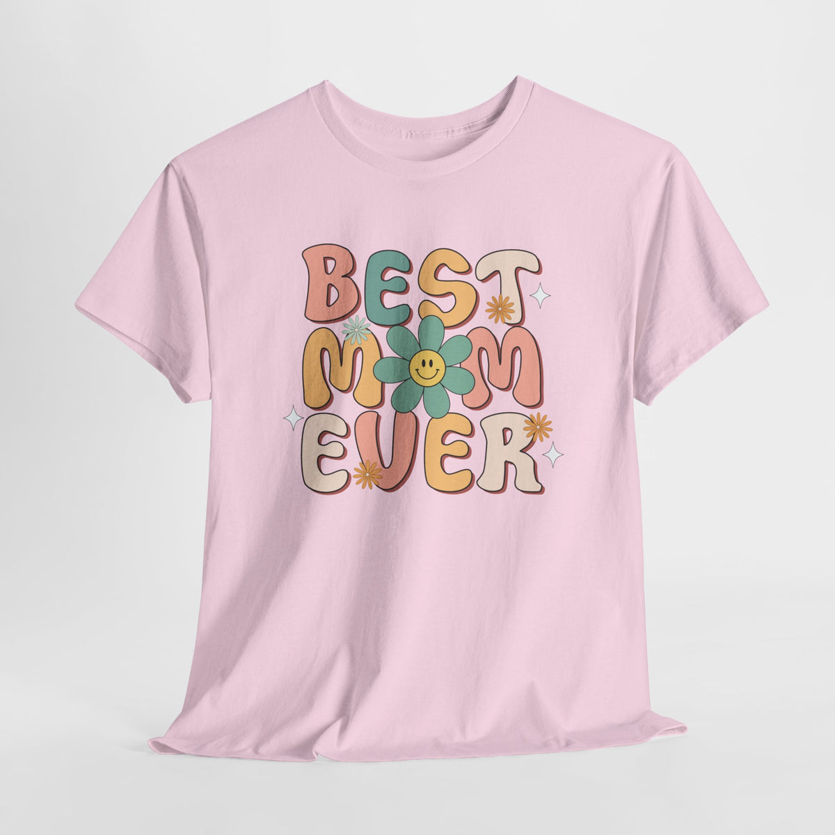 Roze T-shirt op hanger met ronde hals en kleurrijke tekstprint “BEST MOM EVER”