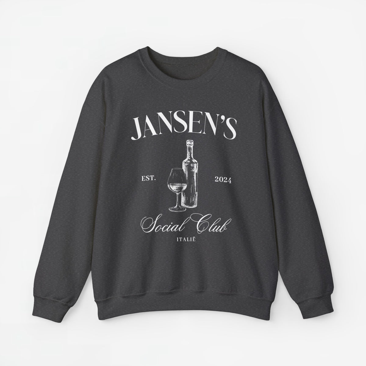 Donkergrijze sweater met ronde hals en opdruk van fles en wijnglas op de borst