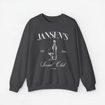 Donkergrijze sweater met ronde hals en opdruk van fles en wijnglas op de borst