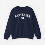 Blauwe (navy) trui met ronde hals en BARTENDER-print met klein NL-logo