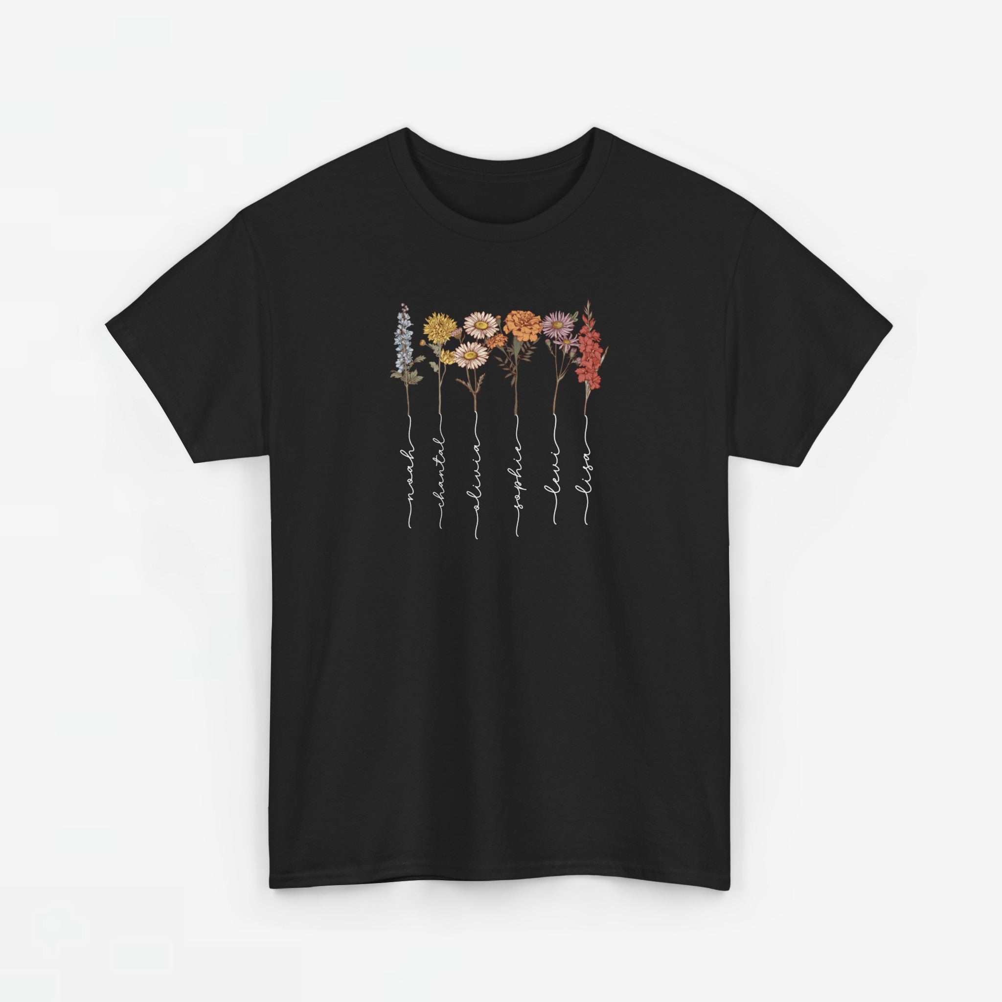 Gepersonaliseerde Moederdag Mama Cadeau - T-shirt - Geboortemaand bloemen met namen (witte tekst)