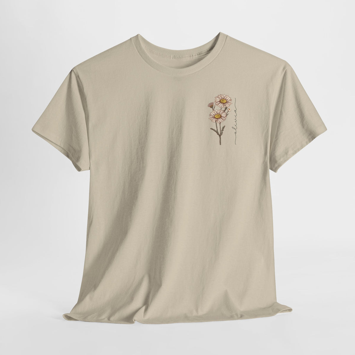 T-shirt beige met kleine bloemenprint op de borst