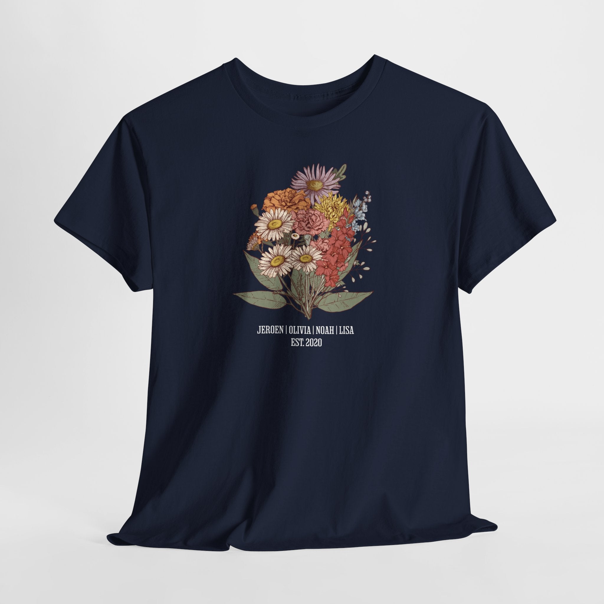 Gepersonaliseerde Moederdag Mama Cadeau - T-shirt - Familie Bloemen boeket met namen - EST [JAAR] (witte tekst)