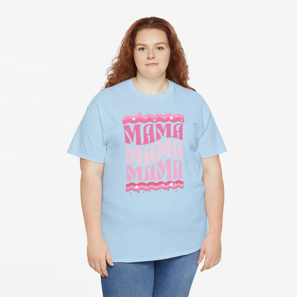 Lichtblauwe oversized T-shirt met roze “MAMA”-print op de borst