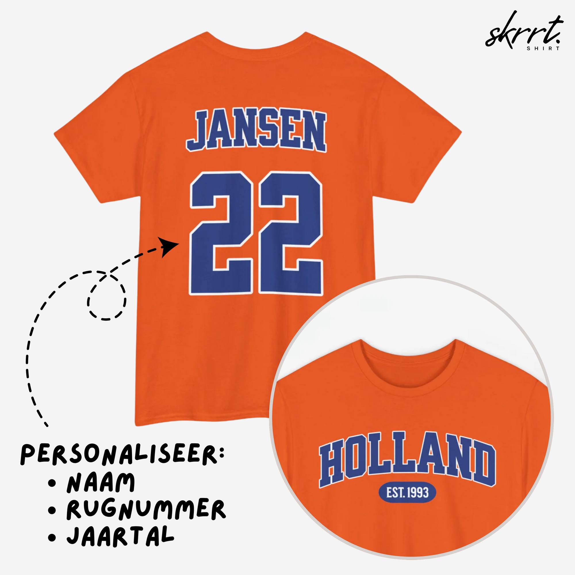 Oranje T-shirt voor EK, WK en Koningsdag - Personaliseer met Naam, Jaar & Rugnummer - HOLLAND (blauwe tekst)