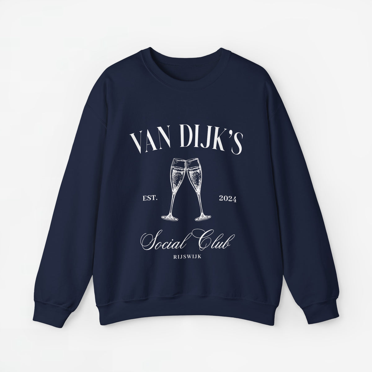 Donkerblauwe sweatshirt met opdruk VAN DIJK'S Social Club en twee champagneglazen