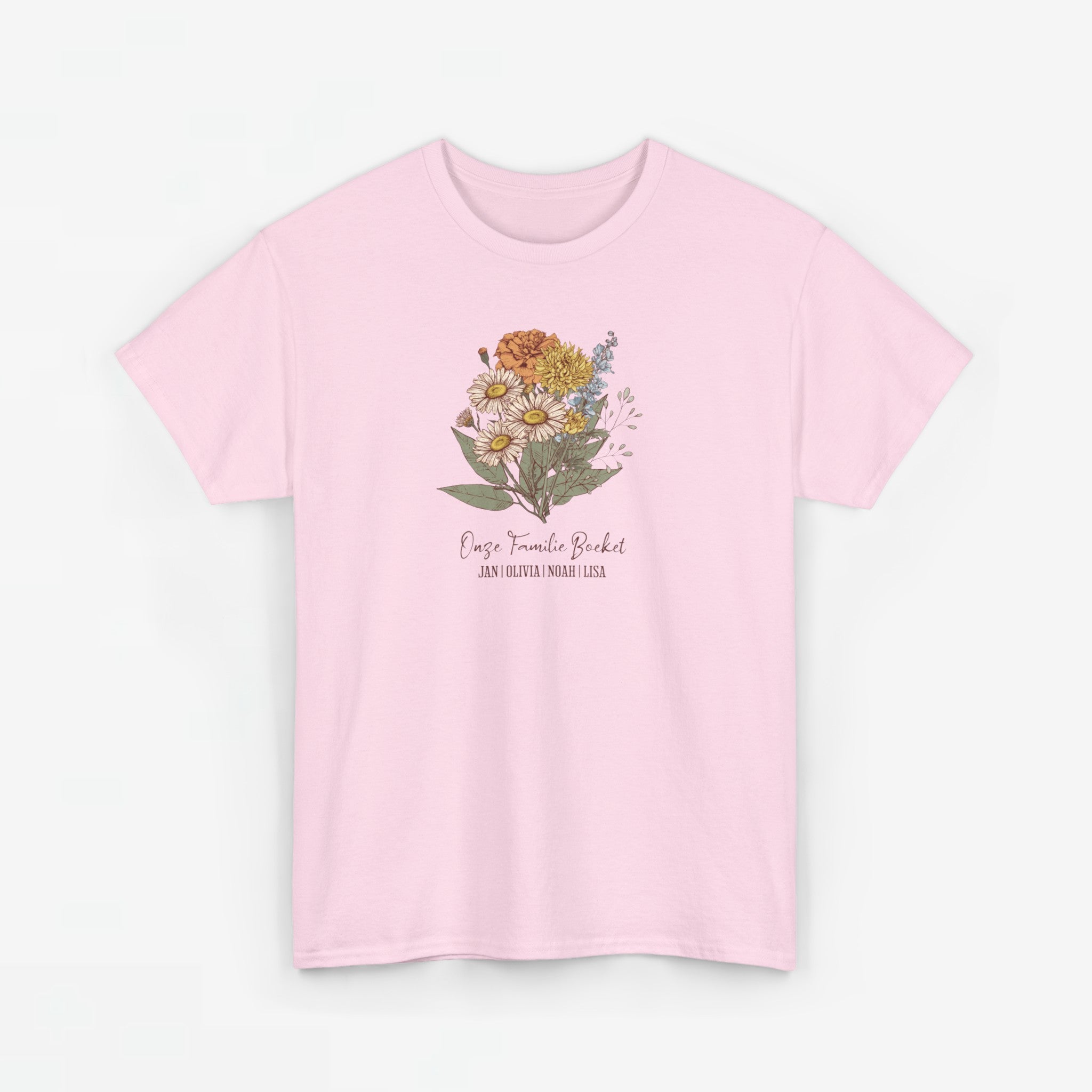 Gepersonaliseerde Moederdag Mama Cadeau - T-shirt - Ons familieboeket met namen en geboortemaand bloemen