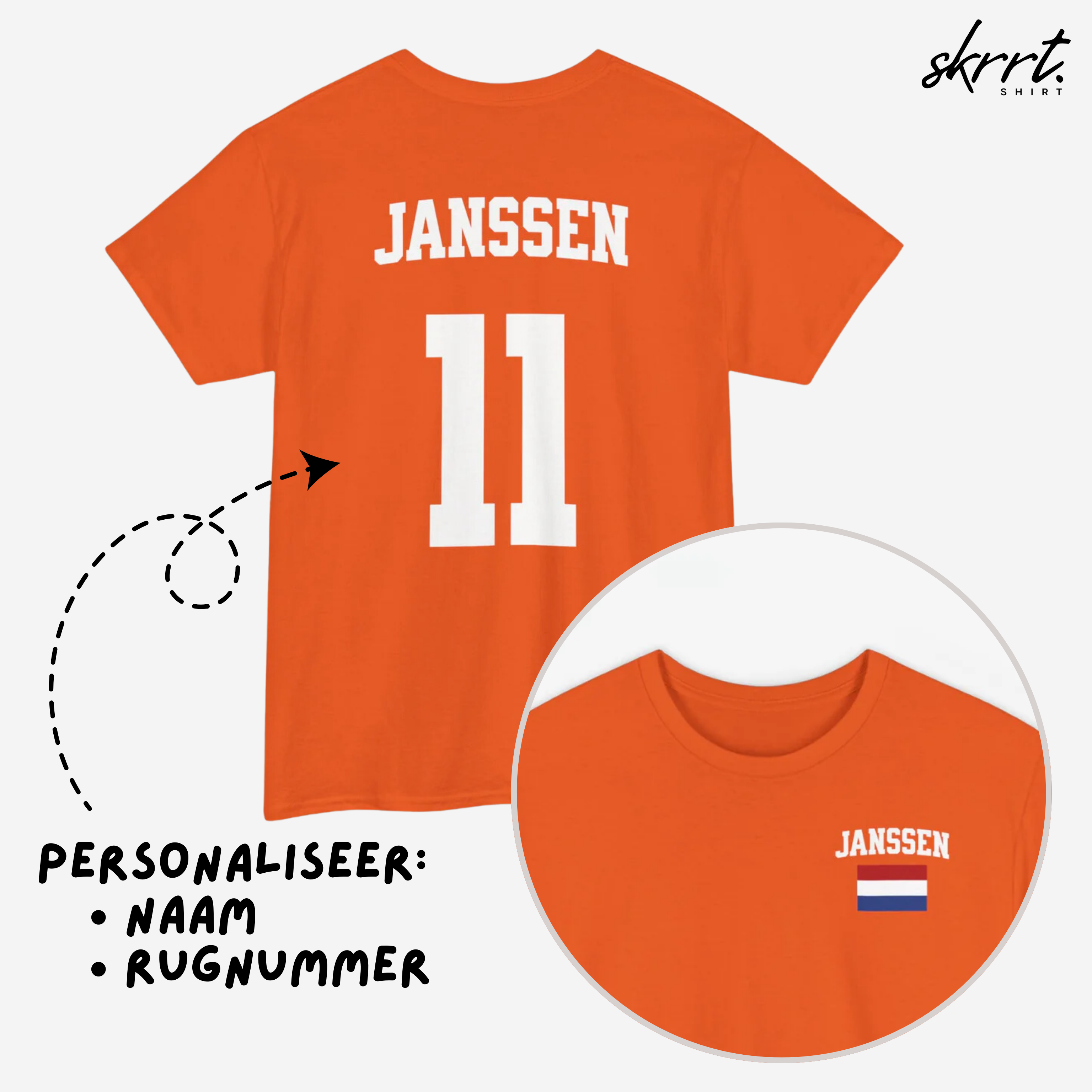 Oranje T-shirt voor EK, WK en Koningsdag - Personaliseer met Naam & Rugnummer - Nederlandse Vlag (witte tekst)