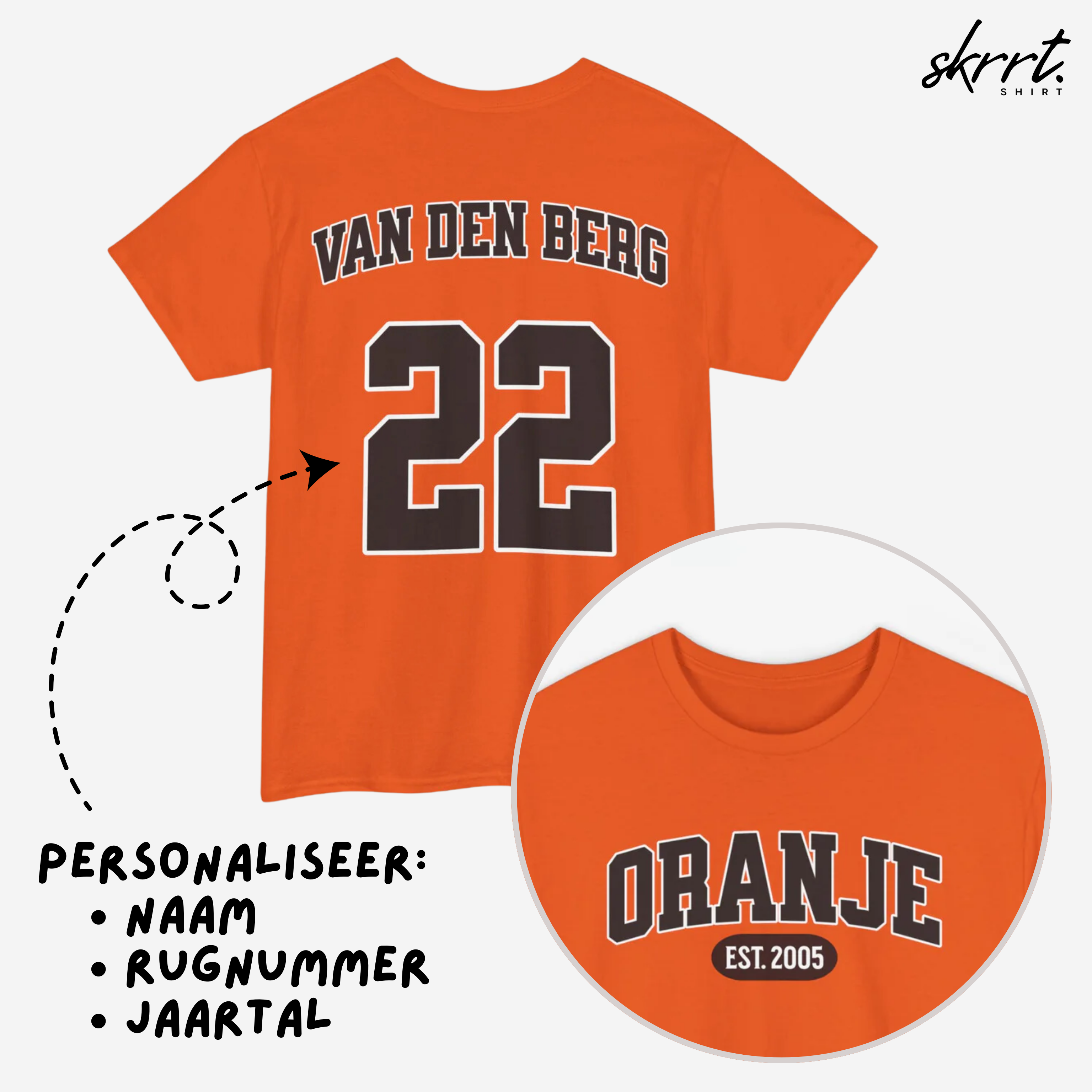 Oranje T-shirt voor EK, WK en Koningsdag - Personaliseer met Naam, Jaar & Rugnummer - ORANJE