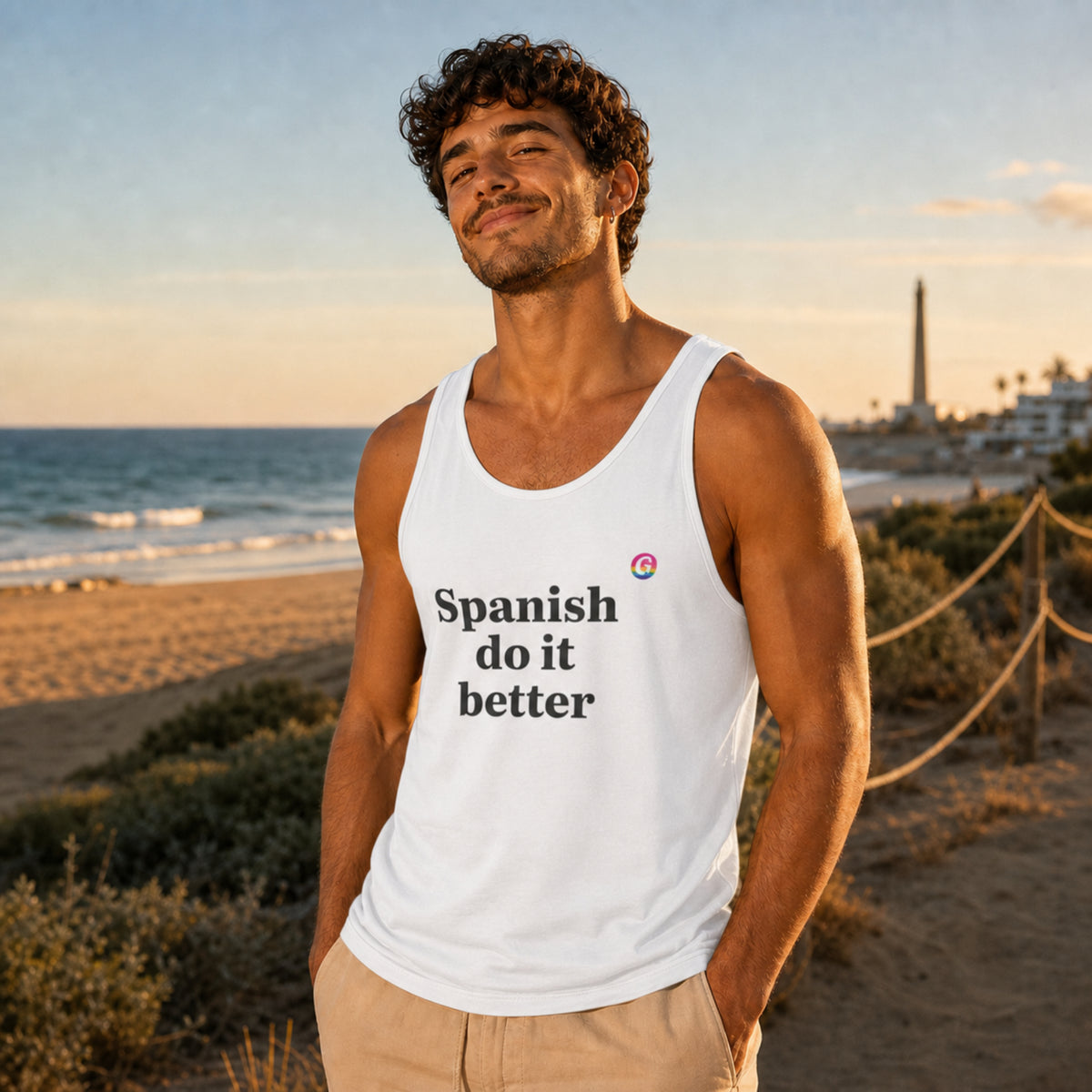 Witte mouwloze tanktop met opdruk en klein logo op de borst