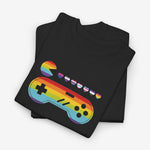 Zwarte t-shirt met regenboog gamecontroller en boog-icoon opdruk