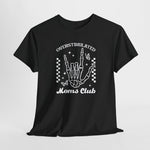 Zwart T-shirt met borstprint van hand-silhouet en tekst “OVERSTIMULATED Moms club”.