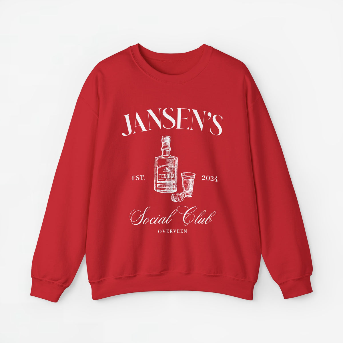 Rode sweater met ronde hals en lange mouwen, borstprint met JANSEN’S en Social Club