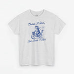 Grijze oversized t-shirt met blauwe opdruk van kat op fiets en tekst voorop