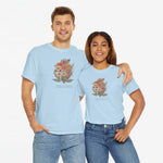 Lichtblauw T-shirt met bloemenboeketprint “FAMILIE JANSEN” op twee personen