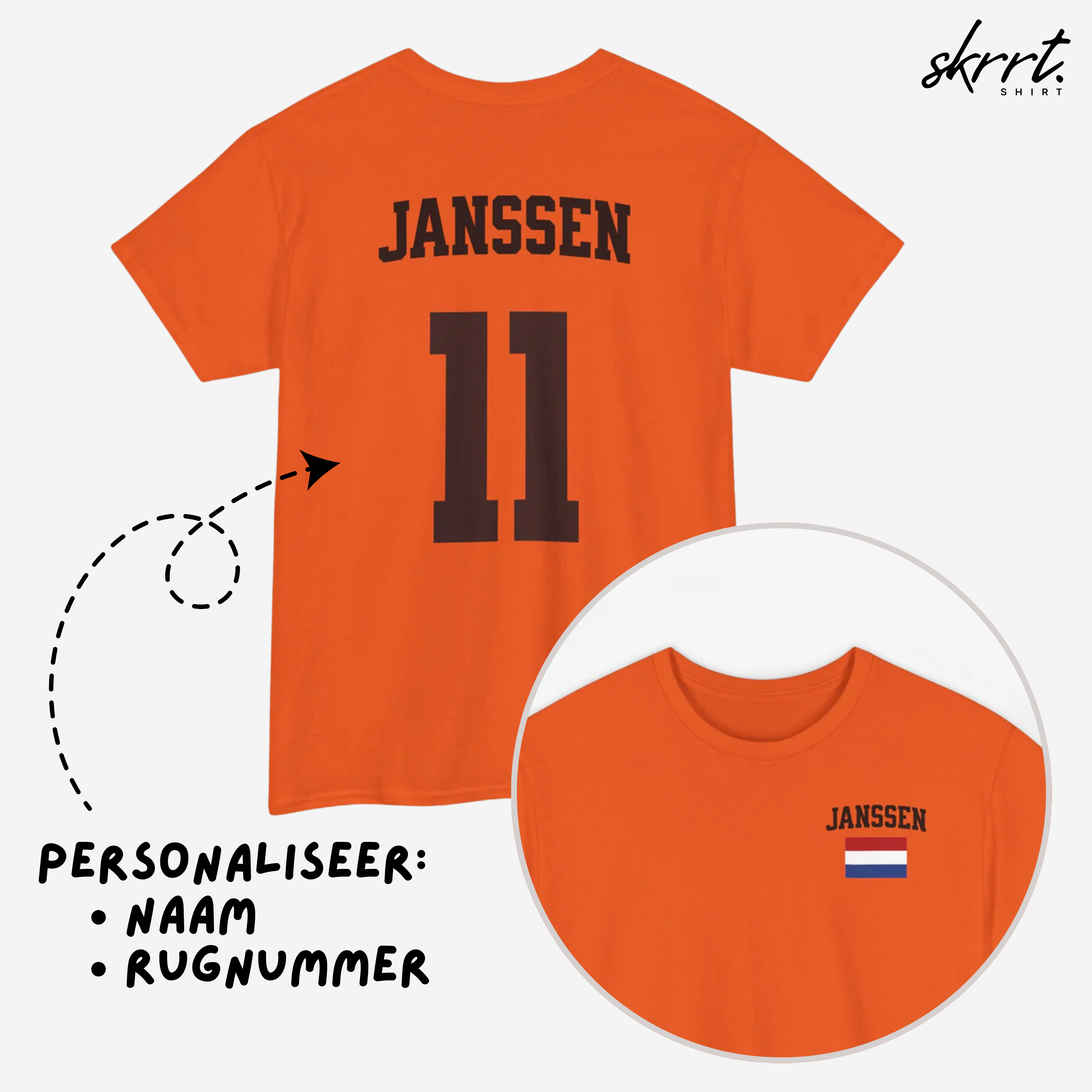 Oranje T-shirt voor EK, WK en Koningsdag - Personaliseer met Naam & Rugnummer - Nederlandse Vlag (zwarte tekst)