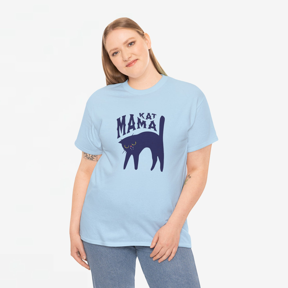 Lichtblauwe oversized T-shirt met “Kat Mama” poesprint op de borst