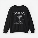 Zwarte sweatshirt met ronde hals en opdruk van cocktailglas met tekst