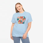 Oversized lichtblauwe t-shirt met ronde hals en kleurrijke Mama/Mommy/Bruh print