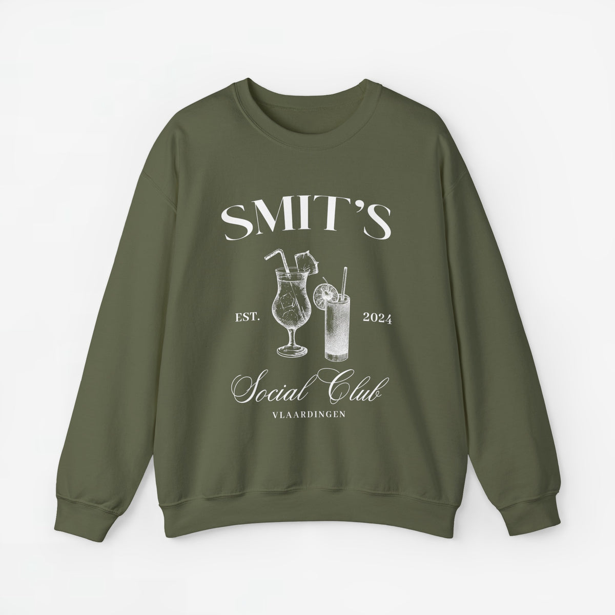 Legergroene sweatshirt met borstopdruk 'SMIT'S Social Club' en glazen