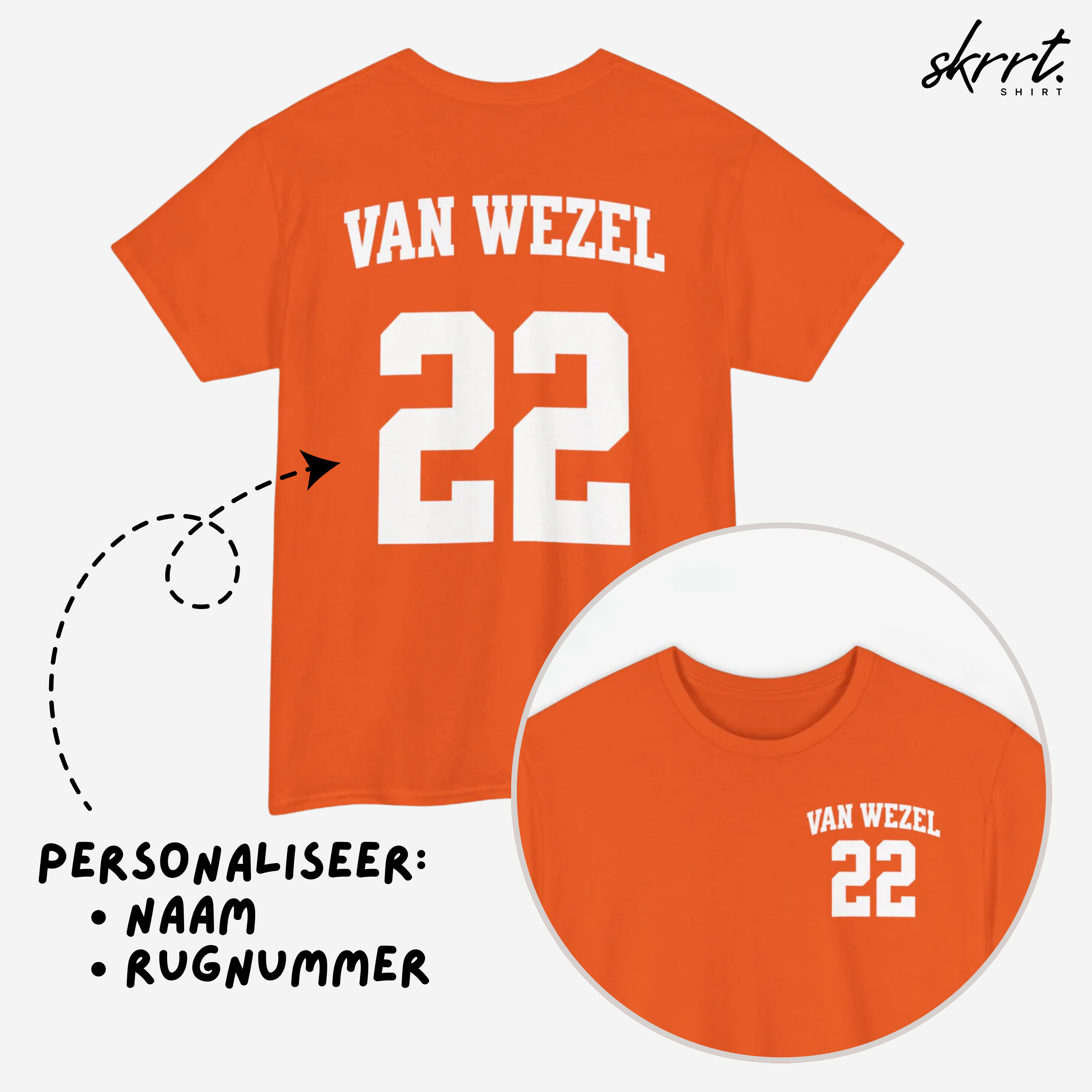 Oranje T-shirt voor EK, WK en Koningsdag - Personaliseer met Naam & Rugnummer (witte tekst)