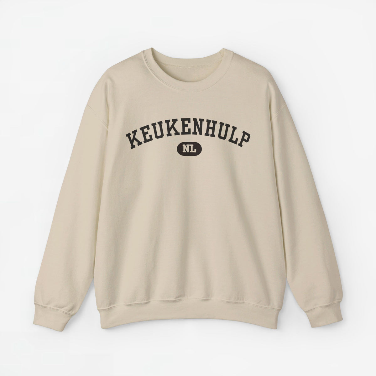 Beige sweater met ronde hals en KEUKENHULP-print op de borst