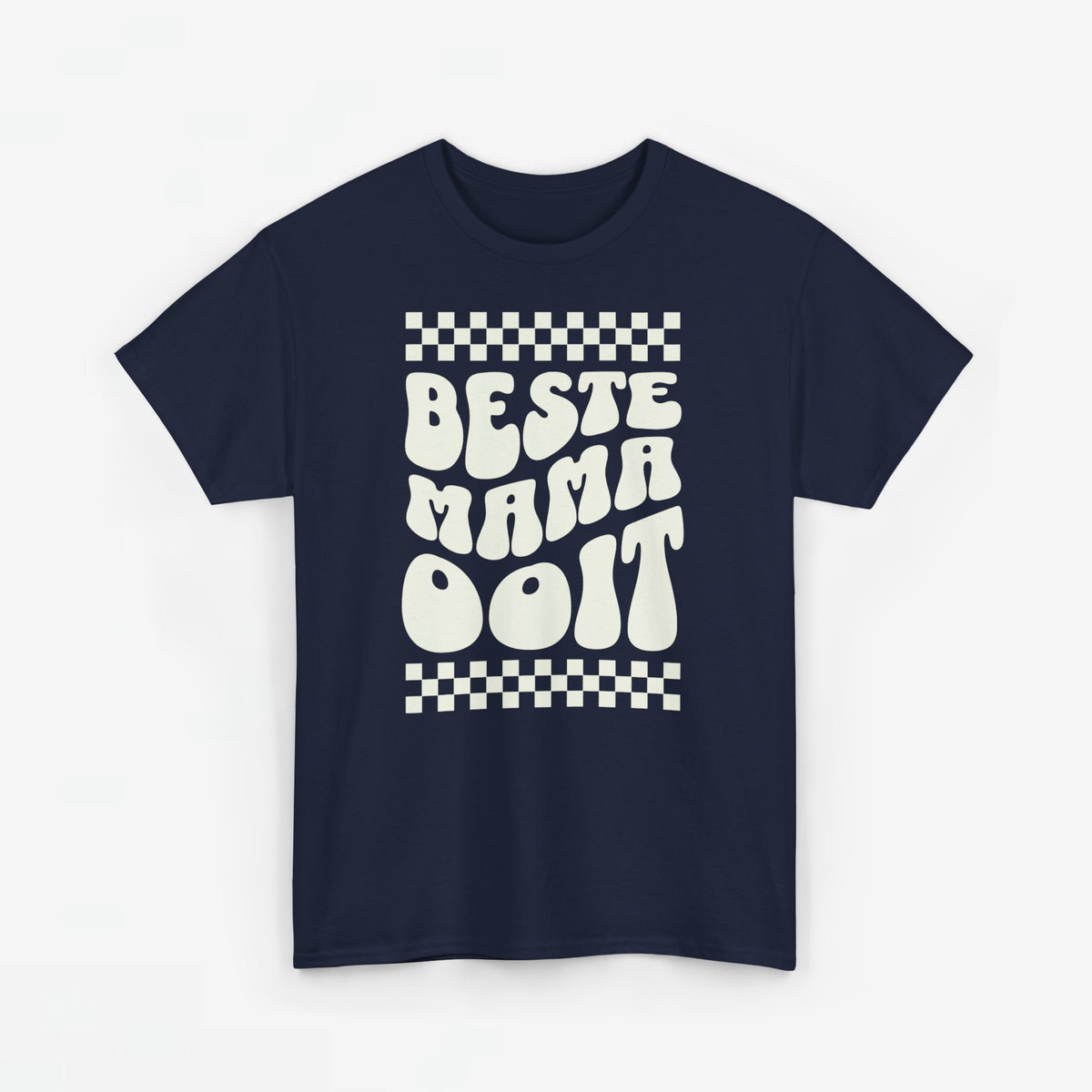 Marineblauwe t-shirt met ronde hals en witte tekstprint "BESTE MAMA OOIIT"