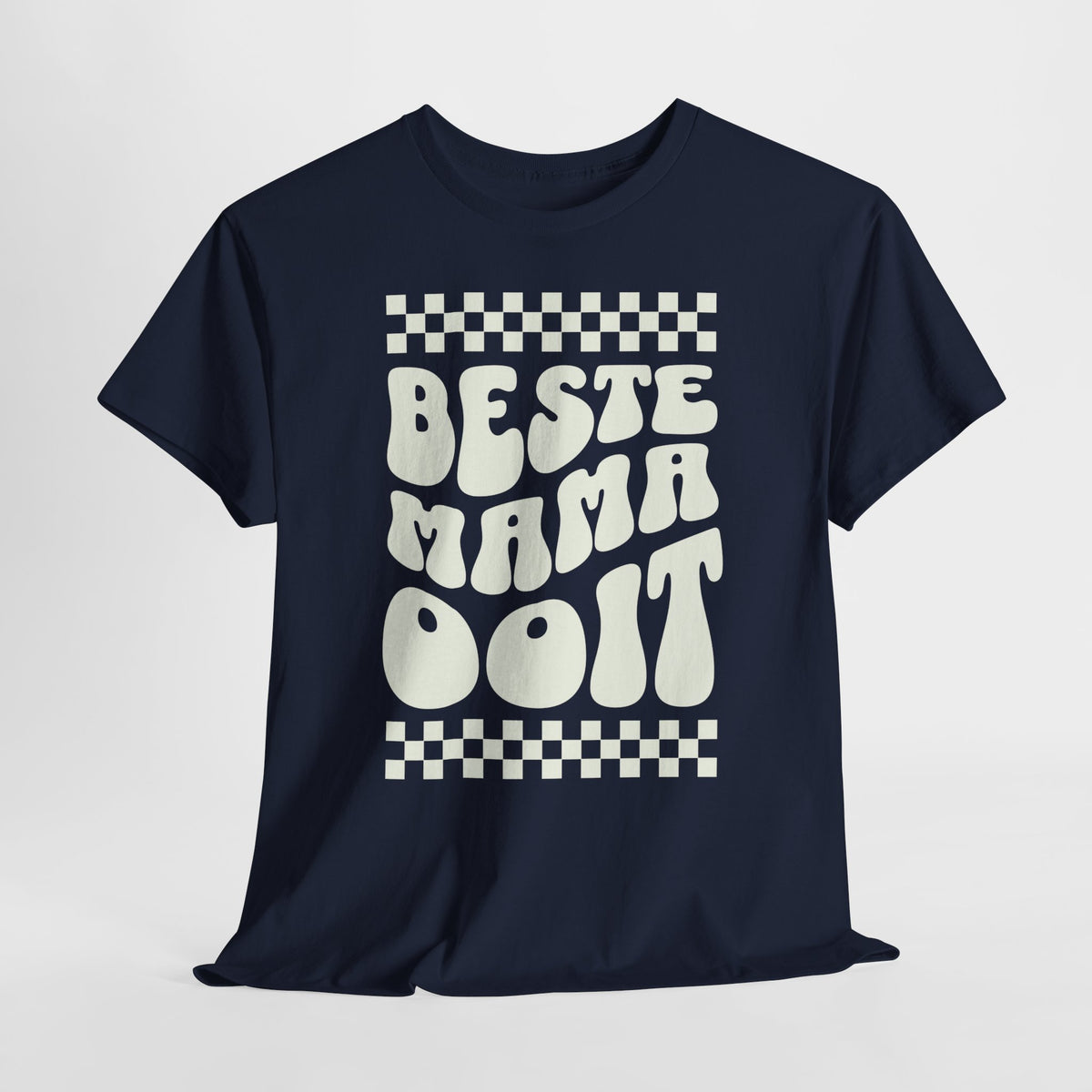 Marineblauwe t-shirt met ronde hals en grote witte "BESTE MAMA OOIIT" print
