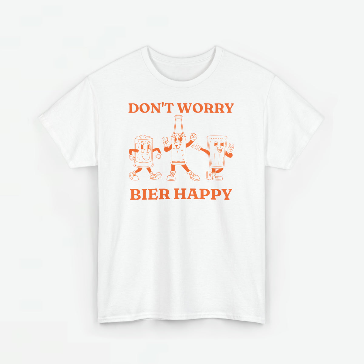 Wit T-shirt met frontprint “DON’T WORRY” en “BIER HAPPY” met bierfiguren in oranje.