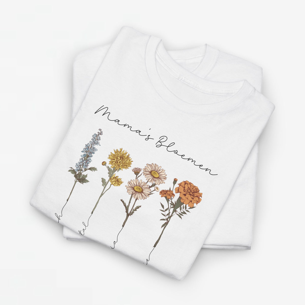 Wit T-shirt met bloemenprint en cursieve tekst Mama’s Bloemen