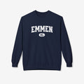 Donkere navy varsity trui met ronde hals en grote 'EMMEN' borstprint met NL-label