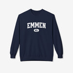 Donkere navy varsity trui met ronde hals en grote 'EMMEN' borstprint met NL-label