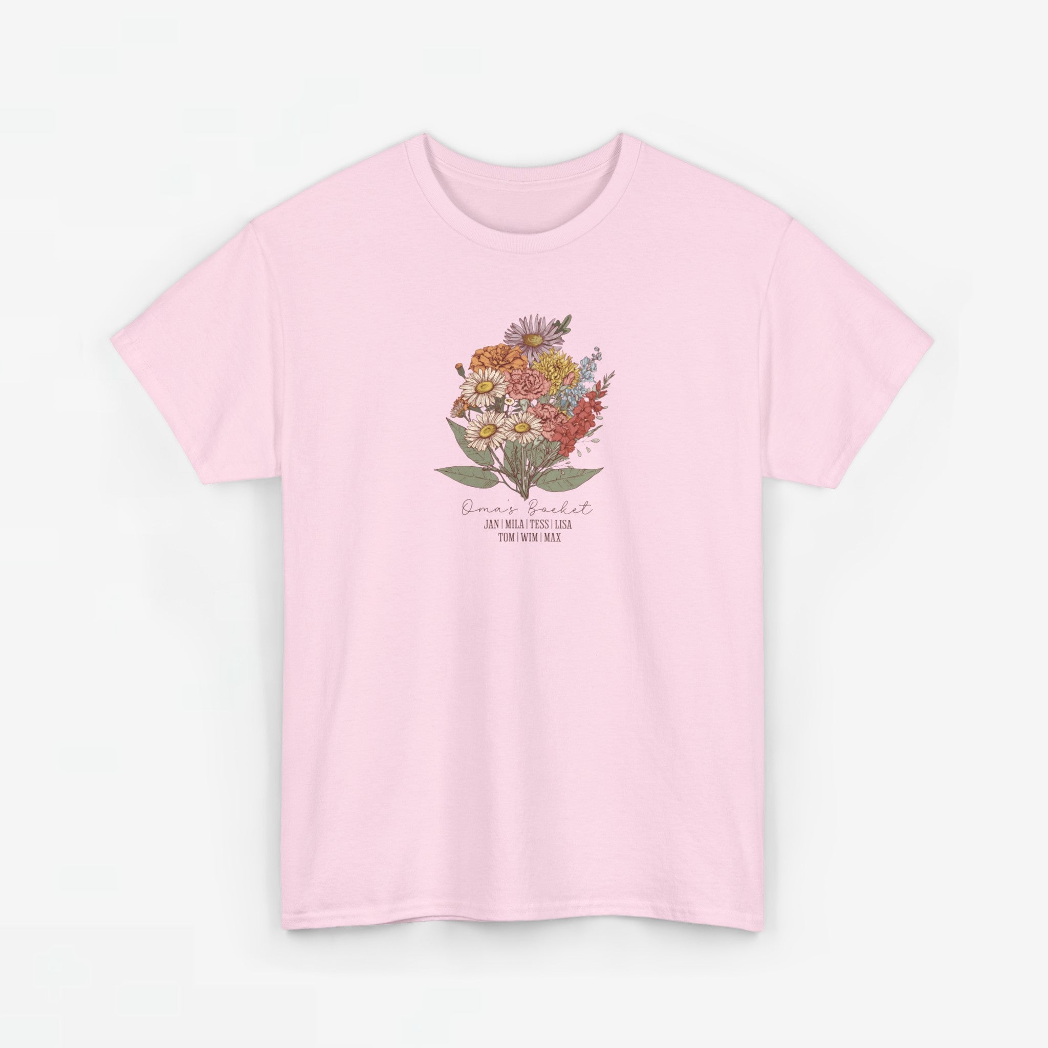Gepersonaliseerde Moederdag Mama Cadeau - T-shirt - Oma's boeket met namen en geboortemaand bloemen