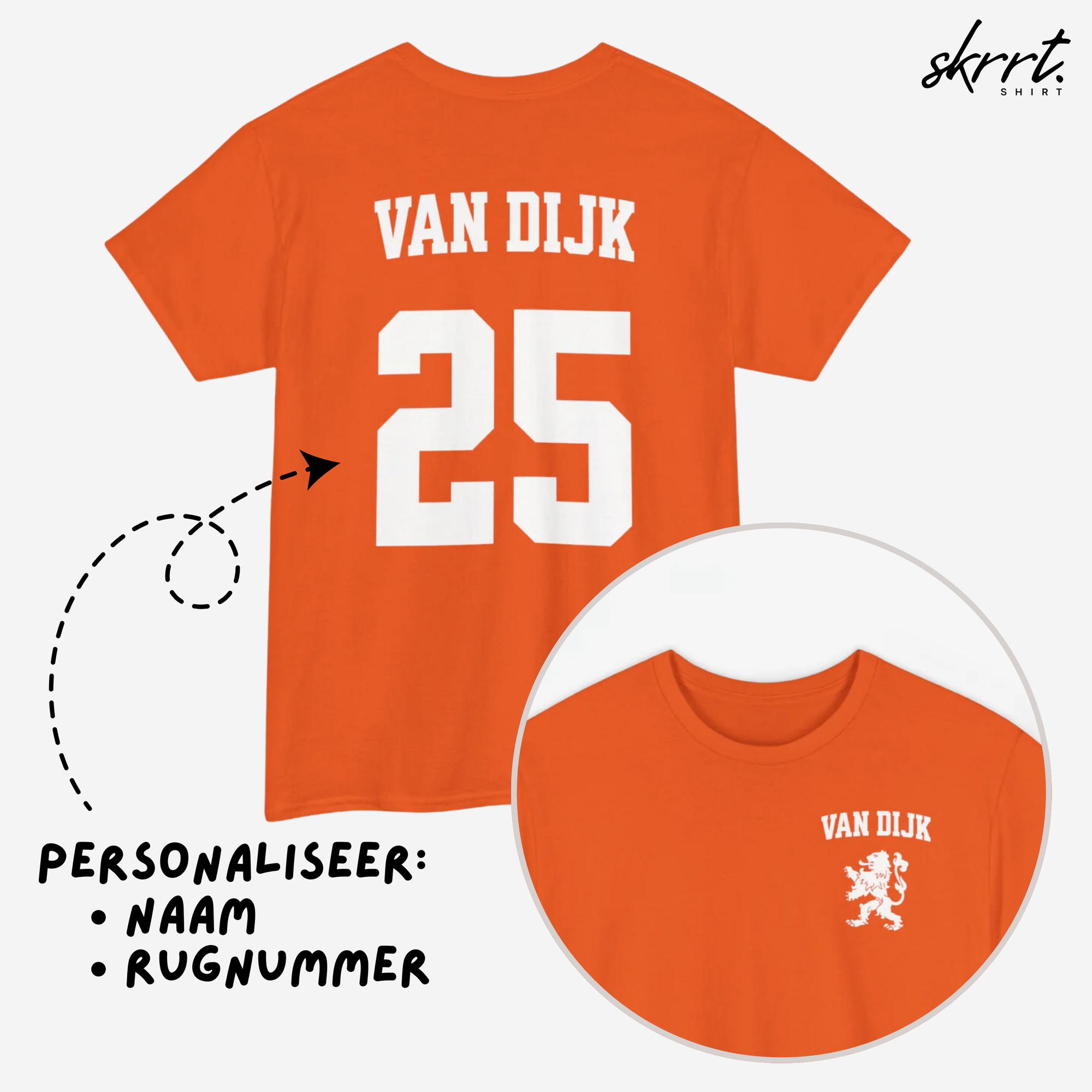 Oranje T-shirt voor EK, WK en Koningsdag - Personaliseer met Naam & Rugnummer - LEEUW + Naam (witte tekst)