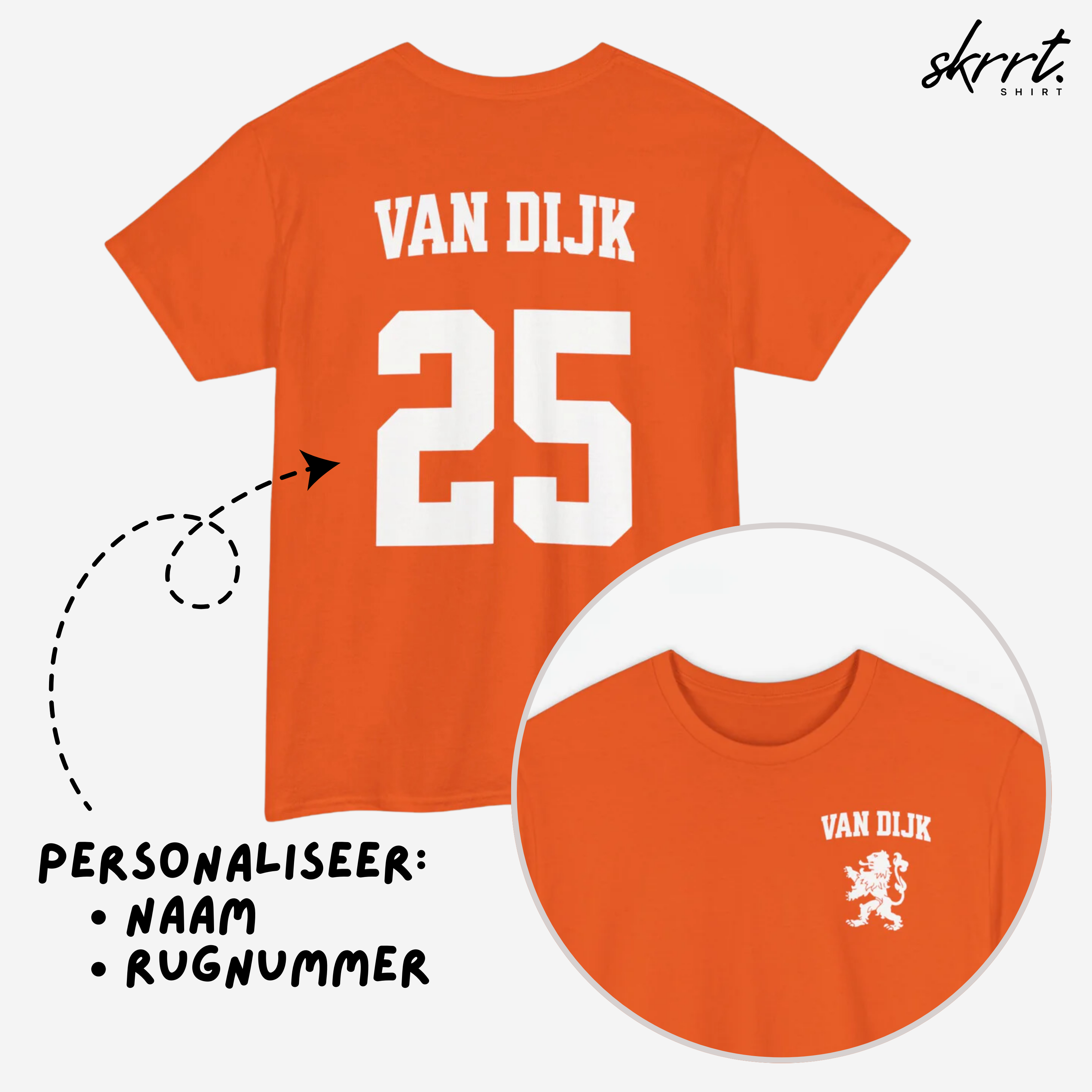 Oranje T-shirt voor EK, WK en Koningsdag - Personaliseer met Naam & Rugnummer - LEEUW + Naam (witte tekst)