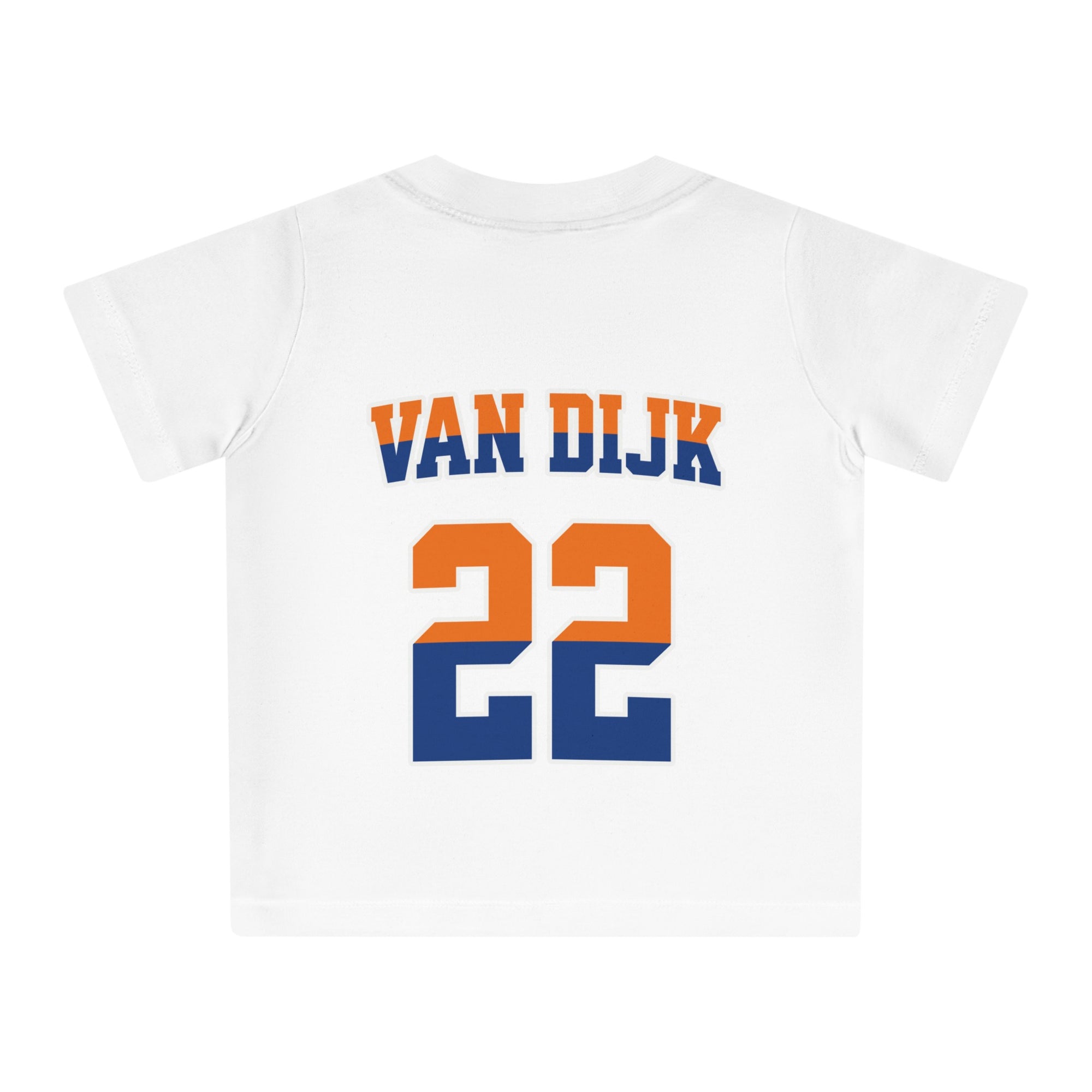 Baby T-shirt voor EK, WK en Koningsdag - Personaliseer met Naam, Jaar & Rugnummer - NEDERLAND (oranje en blauwe tekst)
