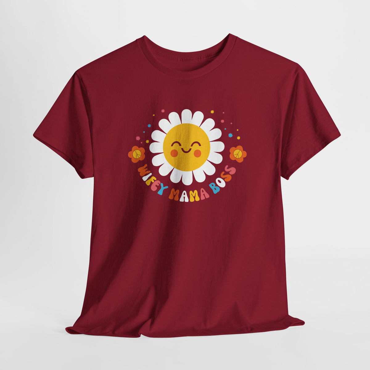 Wijnrode t-shirt met grote zon- en bloemenprint op de voorkant