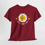 Wijnrode t-shirt met grote zon- en bloemenprint op de voorkant