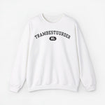 Witte trui met borstprint 'TRAMBESTUURDER' en klein NI-logo