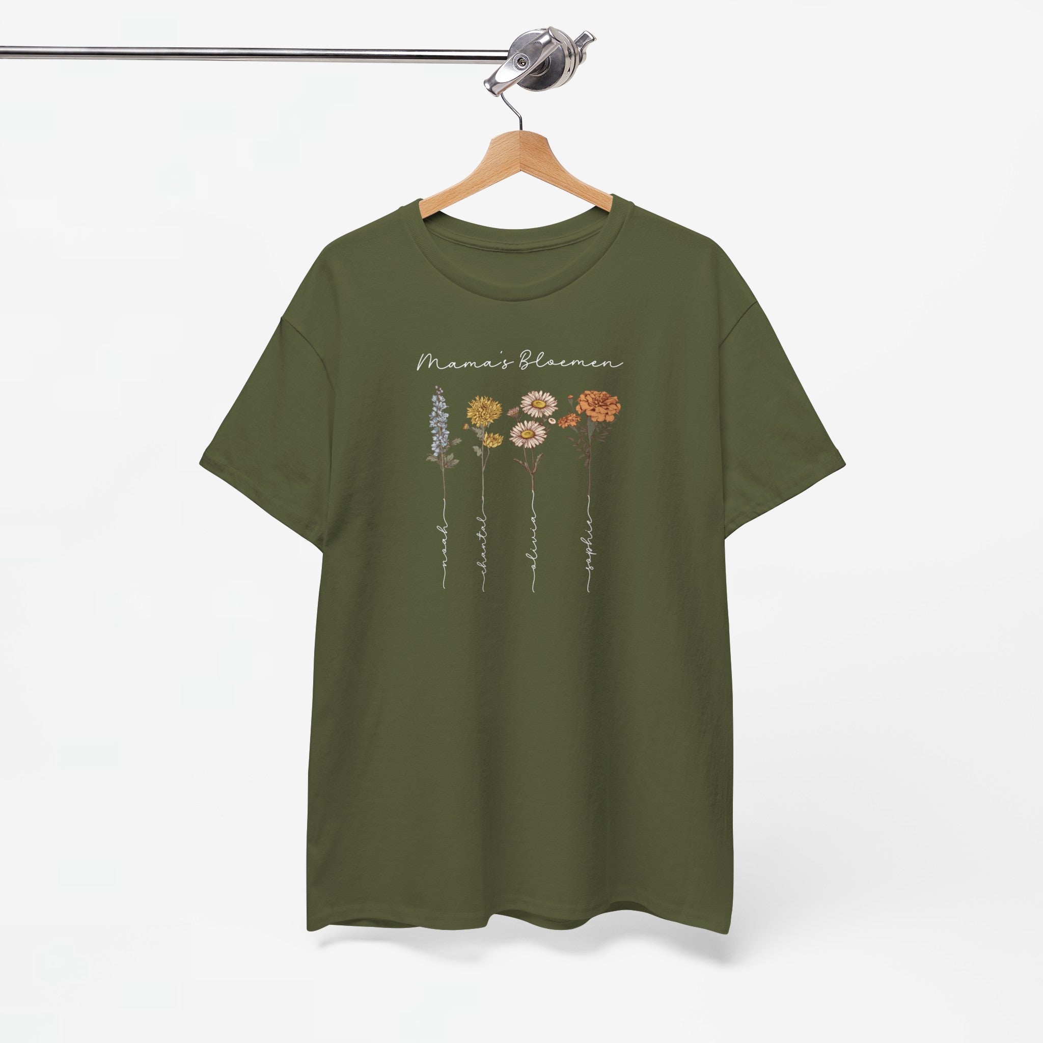 Gepersonaliseerde Moederdag Mama Cadeau - T-shirt - Mama's Bloemen met namen en geboortemaand bloemen (witte tekst)