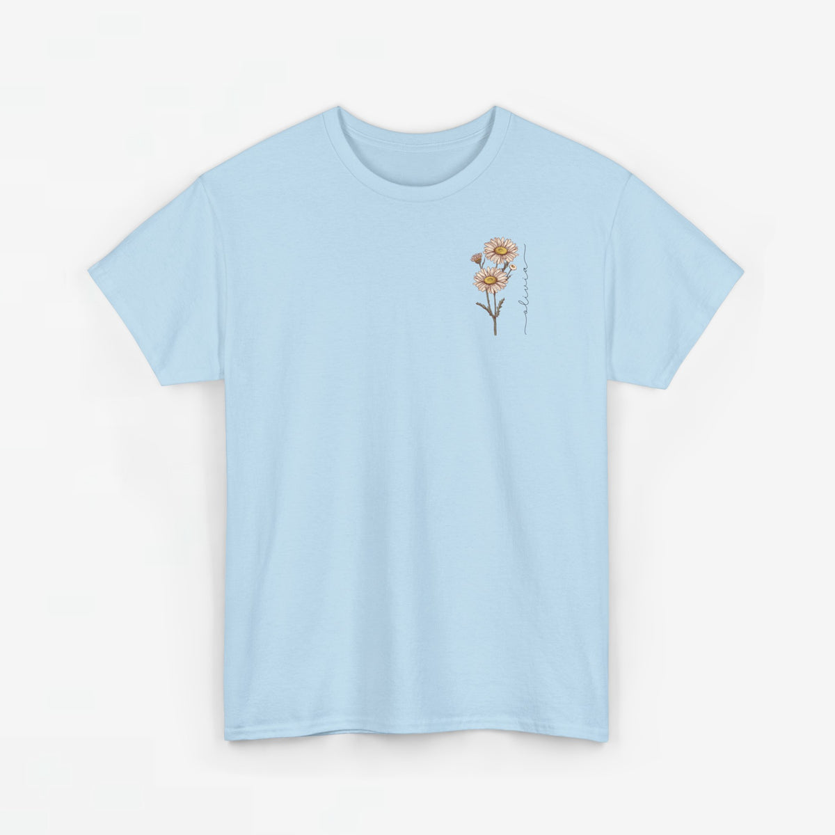 T-shirt met kleine bloemenprint op de borst, lichtblauw