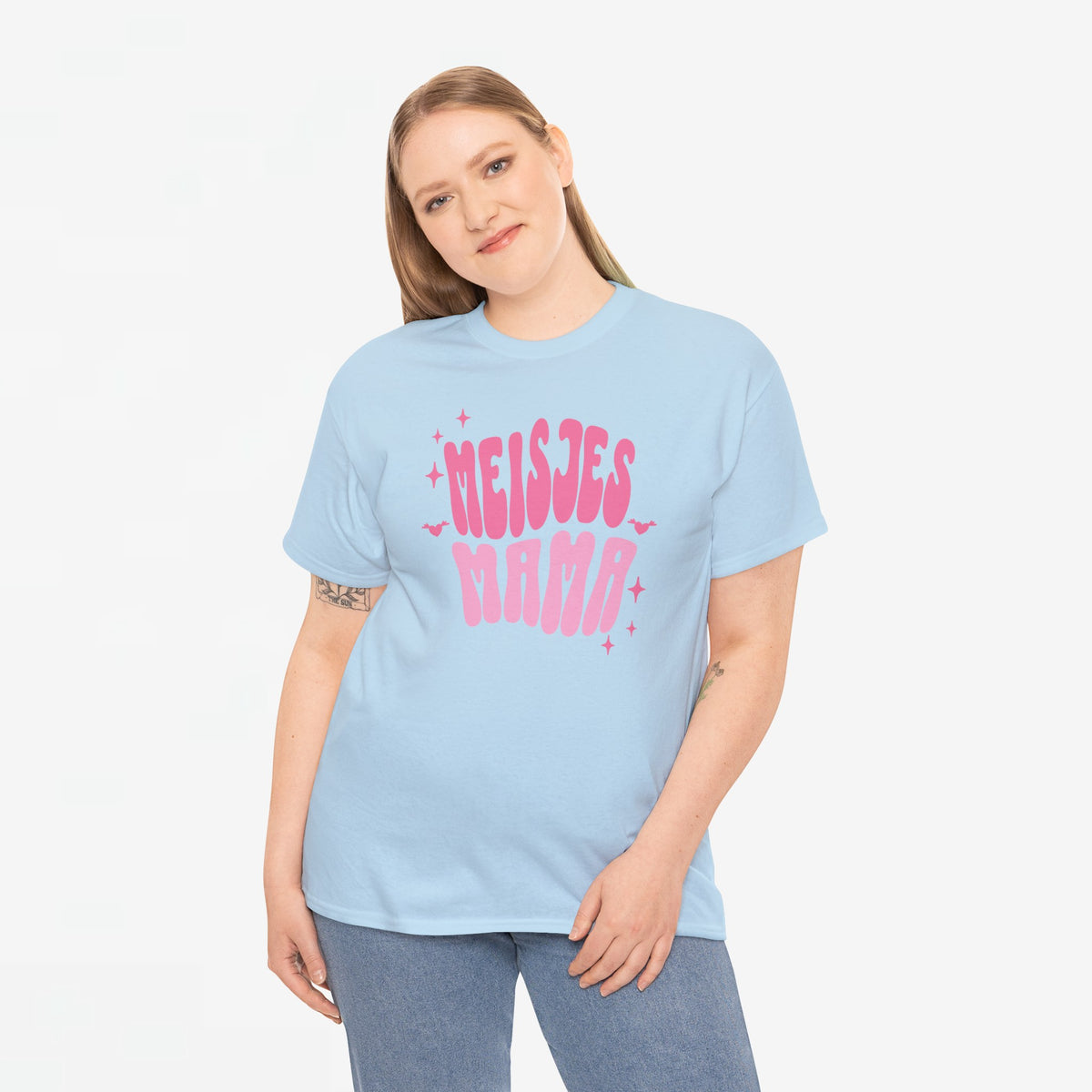 Lichtblauw oversized meisjes T-shirt met roze tekstprint op de borst