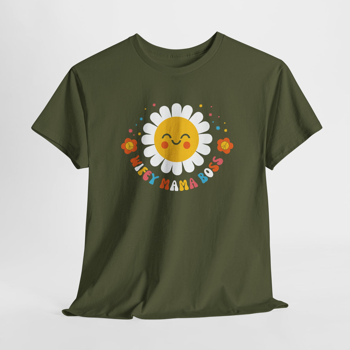 Militairgroen oversized T-shirt met zonnetje-bloem en gekleurde tekstprint.