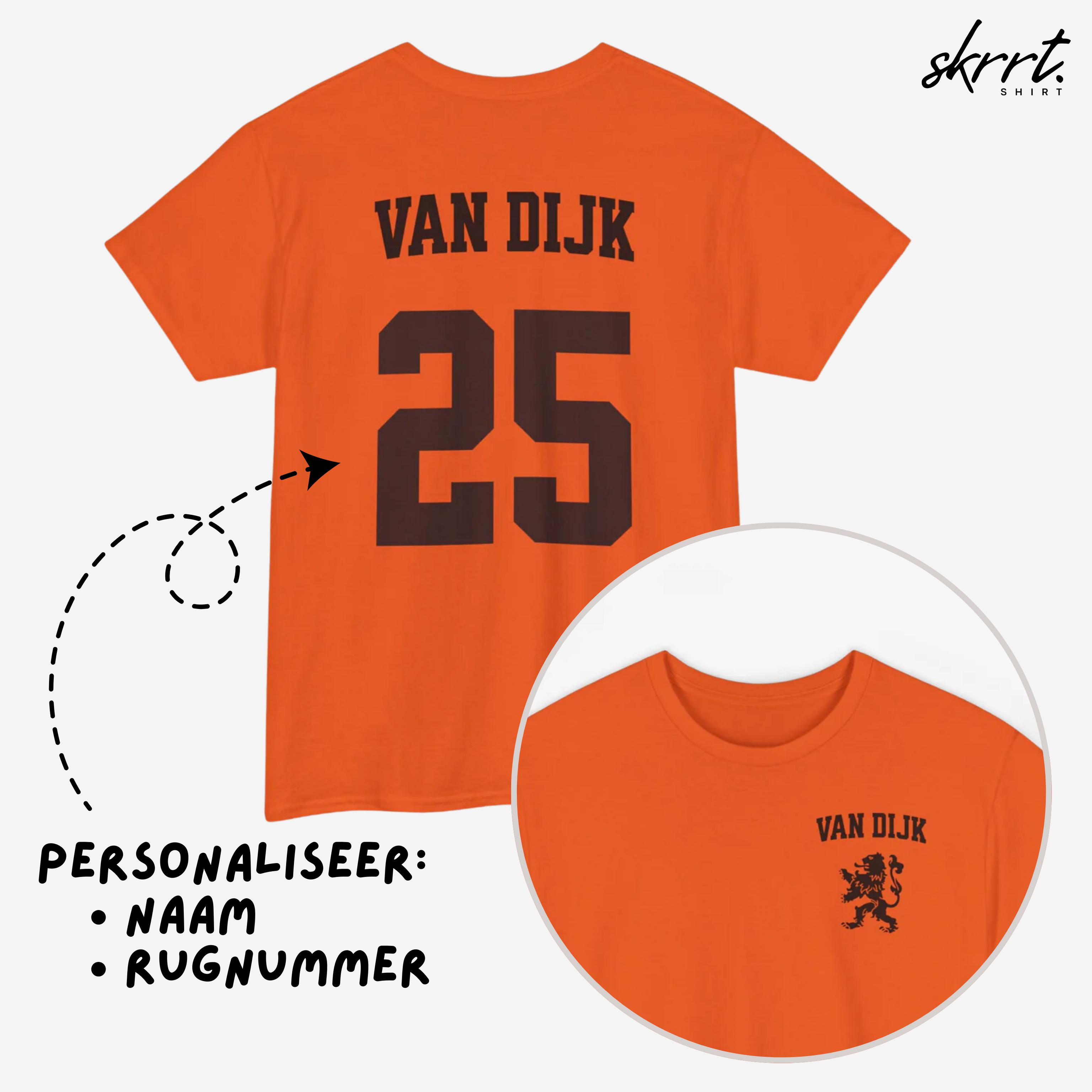 Oranje T-shirt voor EK, WK en Koningsdag - Personaliseer met Naam & Rugnummer - LEEUW + Naam (zwarte tekst)