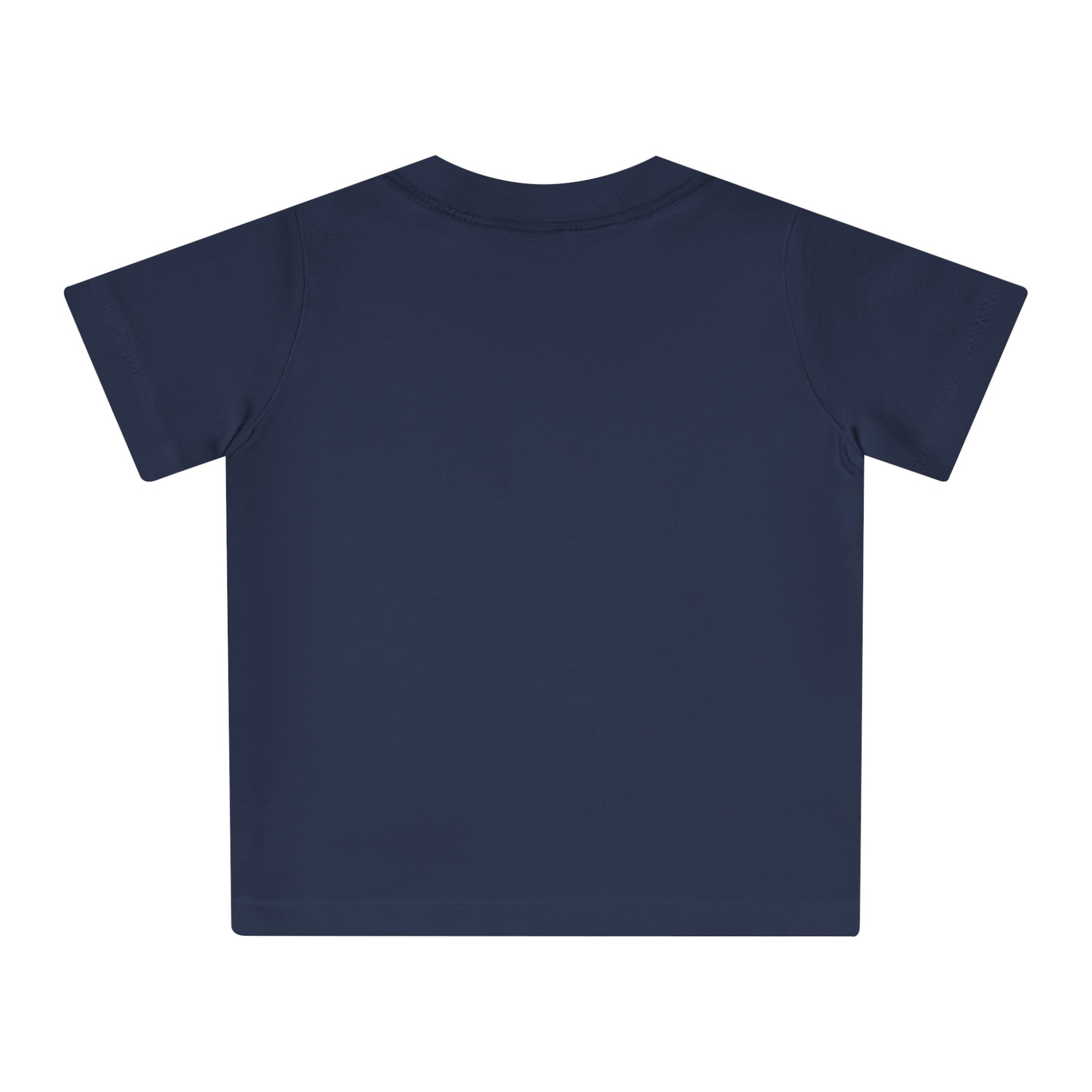 Baby T-shirt voor EK, WK en Koningsdag - Personaliseer met EST Jaar  - ORANJE - oranje en blauwe tekst (Voorkant)