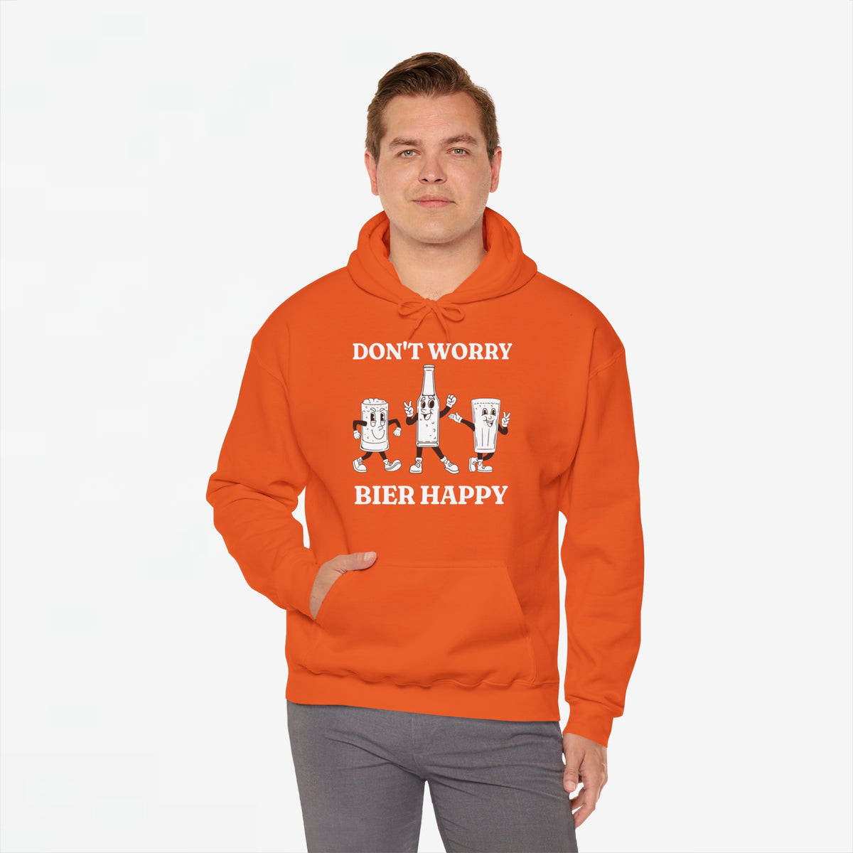 Oranje oversized hoodie met capuchon en voorprint 'DON'T WORRY BIER HAPPY'