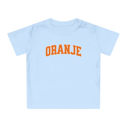 Baby T-shirt voor EK, WK en Koningsdag - ORANJE tekst