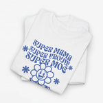 Oversized witte t-shirt met blauwe moederdag-tekst en bloem/knuffelprint