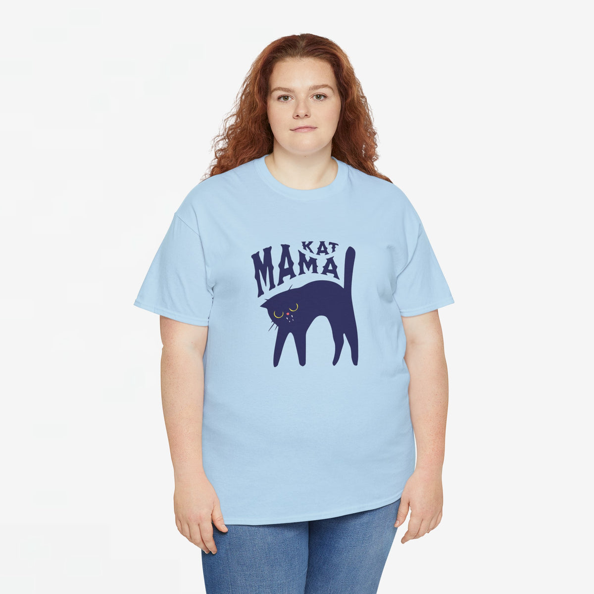 Oversized T-shirt lichtblauw met “Kat Mama” print en zwarte kattenillustratie